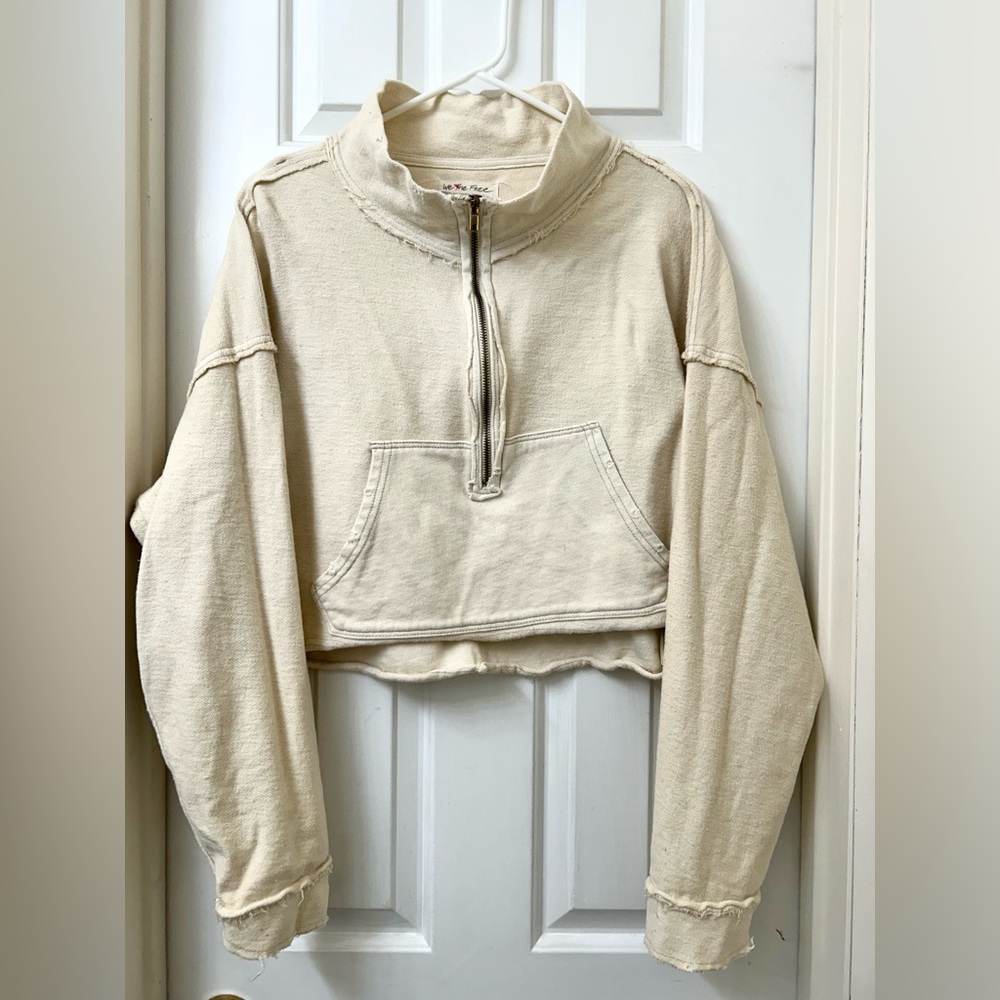 Free People We The Free Kitty Pullover Off white Pockets Zip Raw Seams Size L